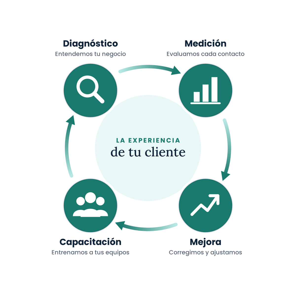 Proceso de Axil: diagnóstico, medición, mejora y capacitación para la experiencia del cliente.